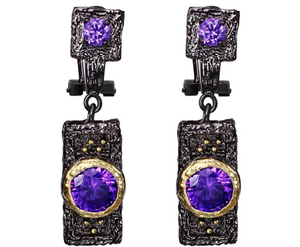 Black Gun Plated Copper Gold Plate Set Amethyst CZ Latch Back Earrings