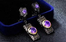 Load image into Gallery viewer, Black Gun Plated Copper Gold Plate Set Amethyst CZ Latch Back Earrings
