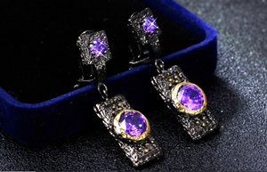 Black Gun Plated Copper Gold Plate Set Amethyst CZ Latch Back Earrings