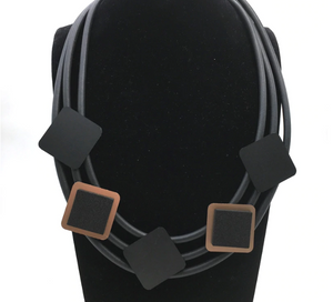 Black Triple Strand Rolled Rubber Aluminum Black & Rose Gold Squares Necklace