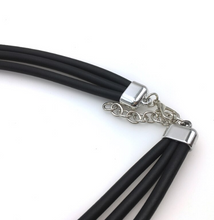 Load image into Gallery viewer, Black Triple Strand Rolled Rubber Aluminum Black &amp; Rose Gold Squares Necklace
