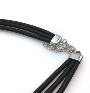 Black Triple Strand Rolled Rubber Aluminum Black & Rose Gold Squares Necklace